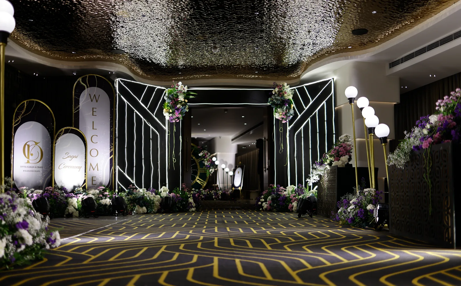 Floral entrance decor at HOST engagement venue, Banjara Hills Hyderabad