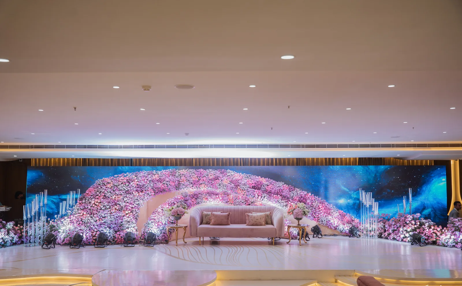 Wedding reception venue Hyderabad with grand chandeliers — HOST at The Hilltop, Banjara Hills